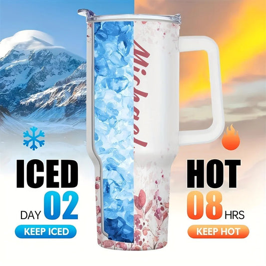 Personalized 40oz stainless steel travel coffee mug with handle by MANDOTOS INTERNATIONAL, featuring a sleek design and secure lid.