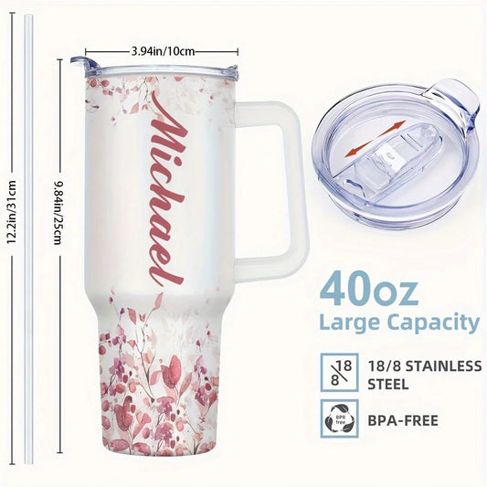 Personalized 40oz stainless steel travel coffee mug with handle by MANDOTOS INTERNATIONAL, durable and insulated for on-the-go use.