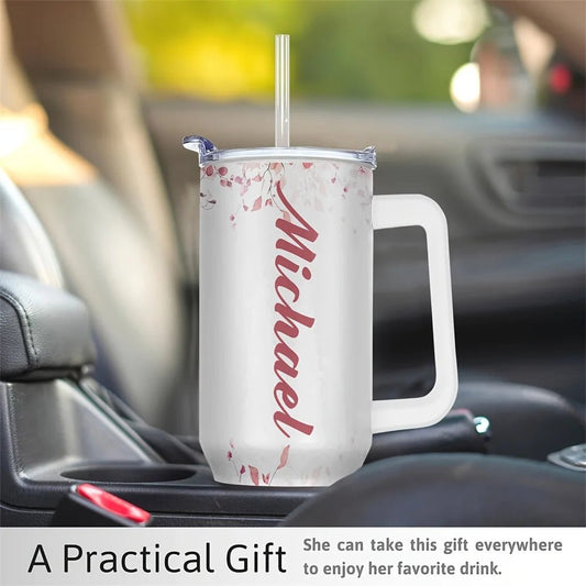 Personalized 40oz stainless steel travel coffee mug with handle by MANDOTOS INTERNATIONAL, featuring a sleek design and durable construction.