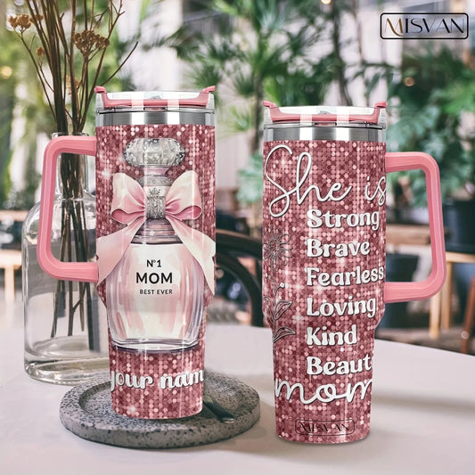 Personalized 40oz stainless steel travel coffee mug with handle by MANDOTOS INTERNATIONAL, featuring a sleek design and secure lid