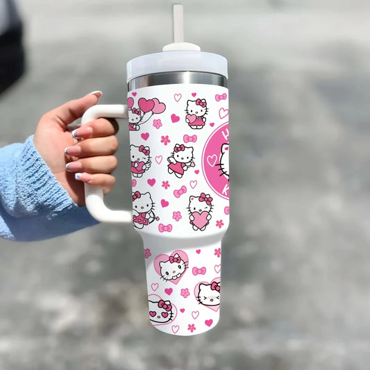 Personalized 40oz steel vacuum tumbler with handle by MANDOTOS INTERNATIONAL, showing a sleek, durable drink container with a handle.