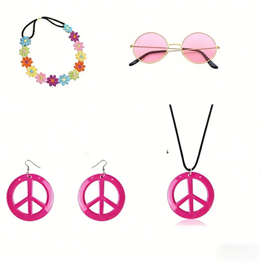 PESENAR 60s Hippie costume accessory set with flower headband, pink sunglasses, and peace sign jewelry by MANDOTOS INTERNATIONAL.