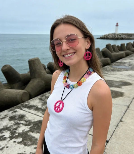 Pesenar 60s Hippie costume accessory set with flower headband, pink sunglasses, and peace sign jewelry, by Mandotos International