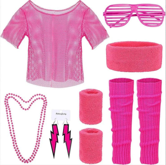 Mandotos International PESENAR 80s neon pink mesh costume accessory set with leg warmers, sunglasses, and earrings on display.
