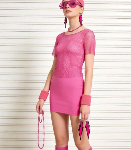 PESENAR 80s neon pink mesh costume accessory set with leg warmers, sunglasses, and earrings by MANDOTOS INTERNATIONAL.