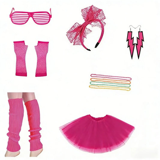 PESENAR 80s neon pink tutu costume accessory set with headband, leg warmers, and sunglasses by MANDOTOS INTERNATIONAL