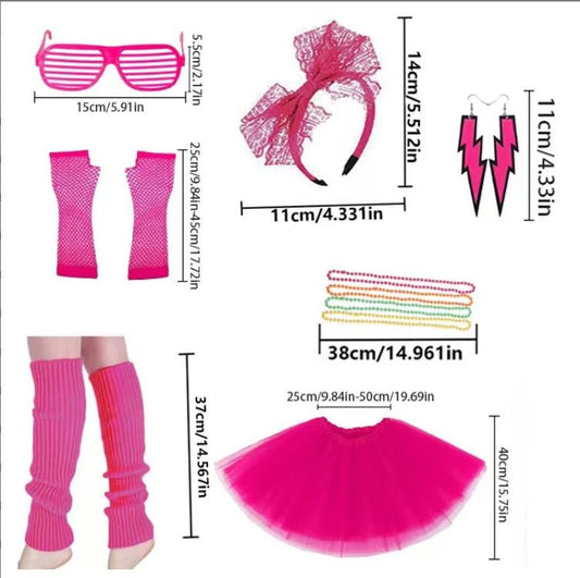 Mandotos International PESENAR 80s neon pink tutu costume accessory set with headband, leg warmers, and sunglasses.