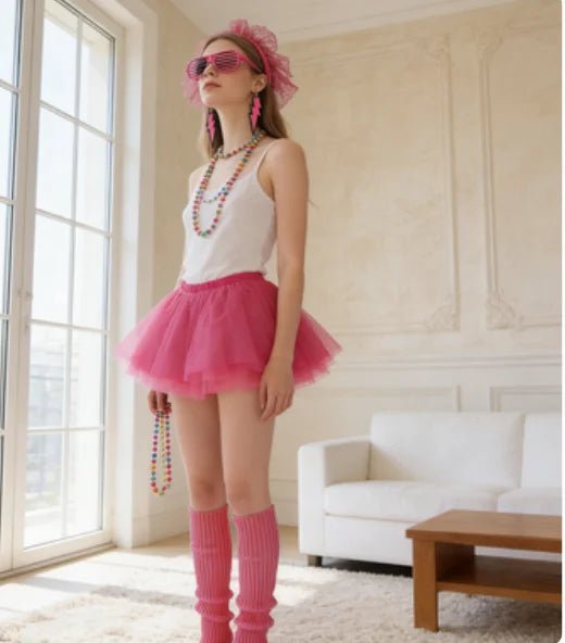 PESENAR 80s neon pink tutu costume accessory set with headband, leg warmers, and sunglasses, perfect for retro party costumes.