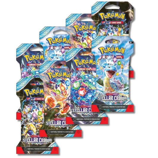 Eight booster packs of Pokémon TCG Scarlet & Violet Crown Quest by MANDOTOS INTERNATIONAL, featuring colorful Pokémon card artwork.
