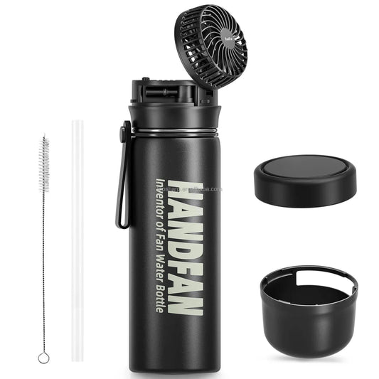 Portable 2-in-1 water bottle fan with three speed settings, ideal for outdoor travel by MANDOTOS INTERNATIONAL.