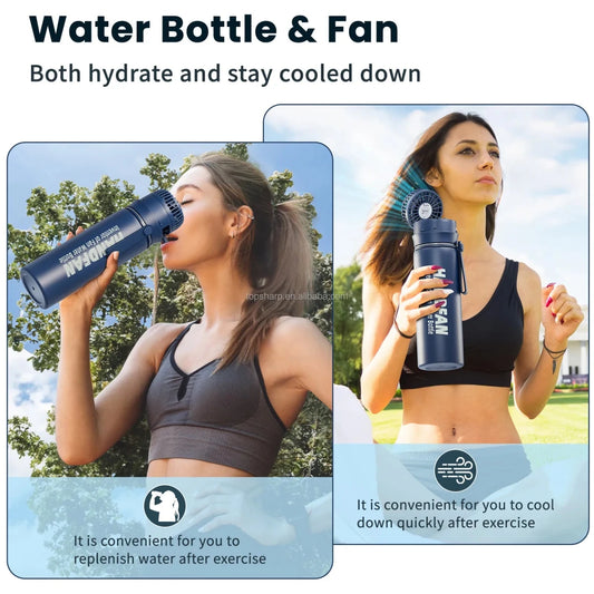 Mandotos International portable 2-in-1 water bottle fan with 3 speeds, ideal for outdoor travel and staying cool on the go.