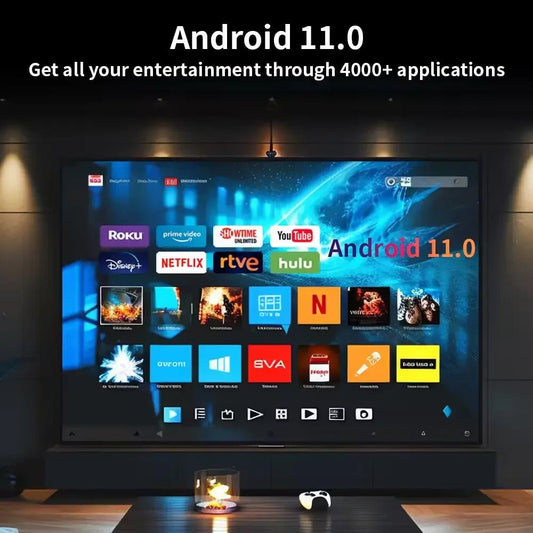 Portable Android 11 HD WiFi smart projector by MANDOTOS INTERNATIONAL, showing the device with a projection on a wall