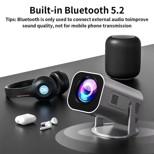 Portable MANDOTOS INTERNATIONAL Android 11HD WiFi Smart Projector HP330 displaying colorful images on a wall.