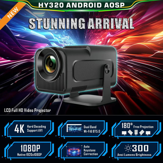 Mandotos International portable Android projector HY320 displaying a full HD 4K image on a wall.