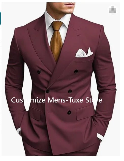 Premium brown men's bespoke double-breasted slim fit formal suit set by MANDOTOS INTERNATIONAL, shown on a model.