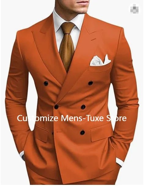 Premium brown men's bespoke double-breasted slim fit formal suit set by MANDOTOS INTERNATIONAL, shown on a mannequin.