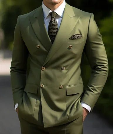 Premium brown men's bespoke double-breasted slim fit formal suit set by MANDOTOS INTERNATIONAL, shown on a mannequin.