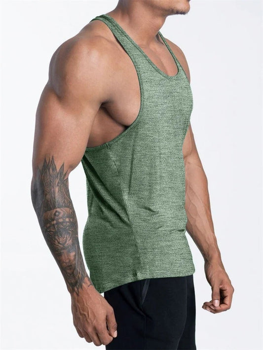 Mandotos International men's quick dry sports tank top, ideal for gym, running, and basketball, shown on a model.