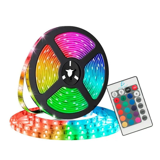 Mandotos International RBG 5050 Smart LED Strip Lights, 2 meters with remote control, showcasing vibrant color options and energy efficiency.