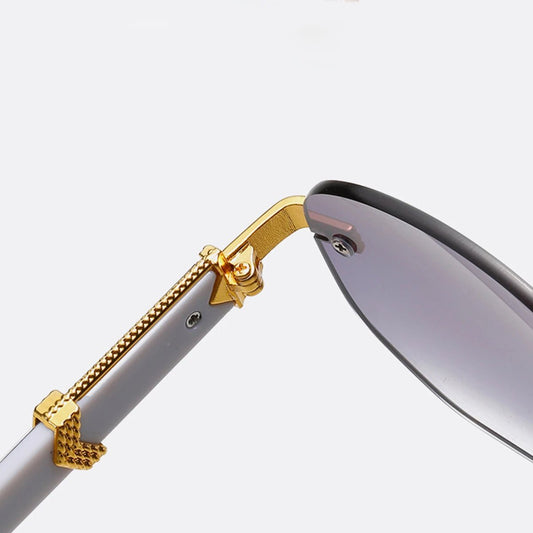 Retro square hip hop sunglasses with gold rimless frames, stylish men's and women's fashion eyewear by Mandotos International.