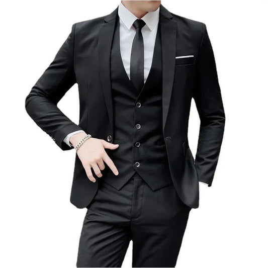 Mandotos International men's formal business suit with blazer, vest, and pants in navy, displayed on a model.