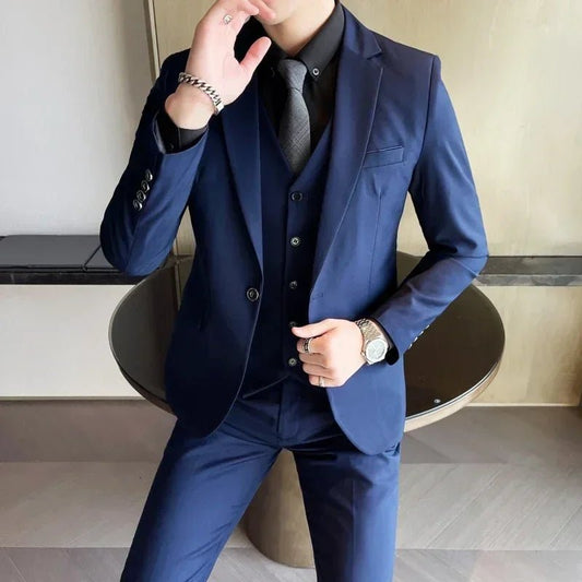 Mandotos International men's formal dress suit set with blazer, vest, and pants in size 6XL, ideal for business and banquets.