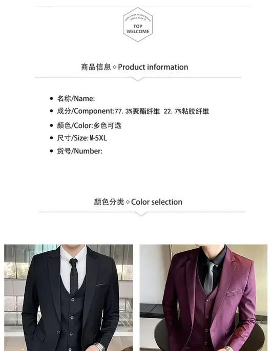 Mandotos International men's formal suit set with blazer, vest, and pants in black, tailored for business and banquet occasions.