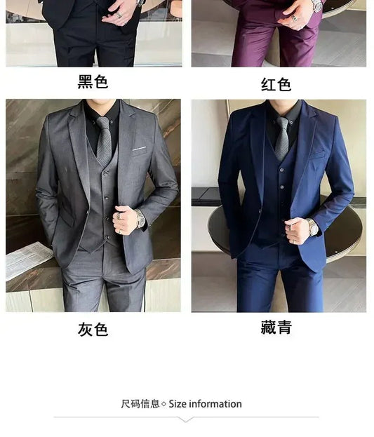Mandotos International men's formal suit set with blazer, vest, and pants in black, tailored for business and special occasions.