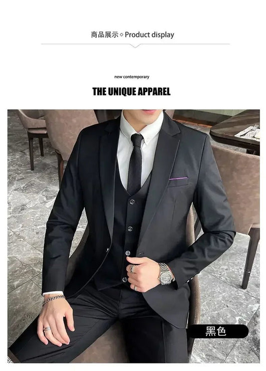 Mandotos International men's formal dress suit with blazer, vest, and pants, in black for business or banquet occasions.
