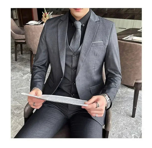 Mandotos International men's formal dress suit with blazer, vest, and pants in size 6XL, suitable for business and formal occasions.