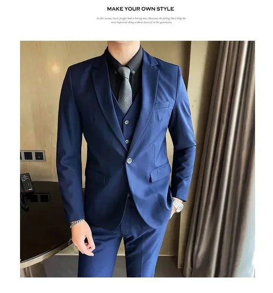 Mandotos International men's formal dress suit with blazer, vest, and pants, in dark fabric for business and formal occasions.