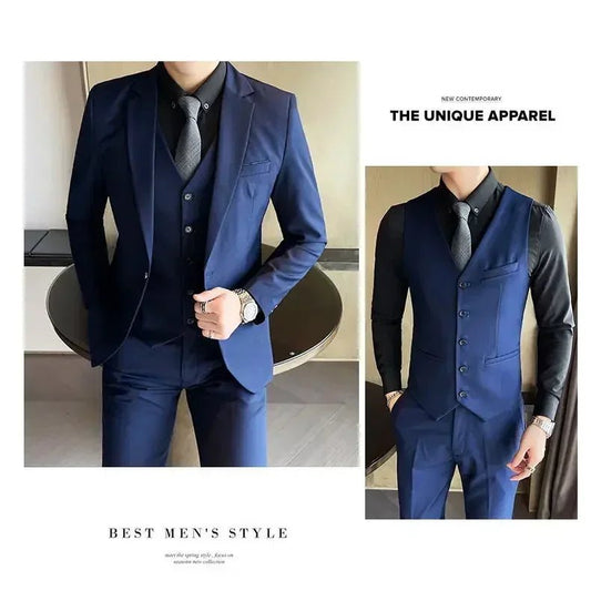 Mandotos International men's formal dress suit with blazer, vest, and pants, in stylish black, perfect for business or banquets.
