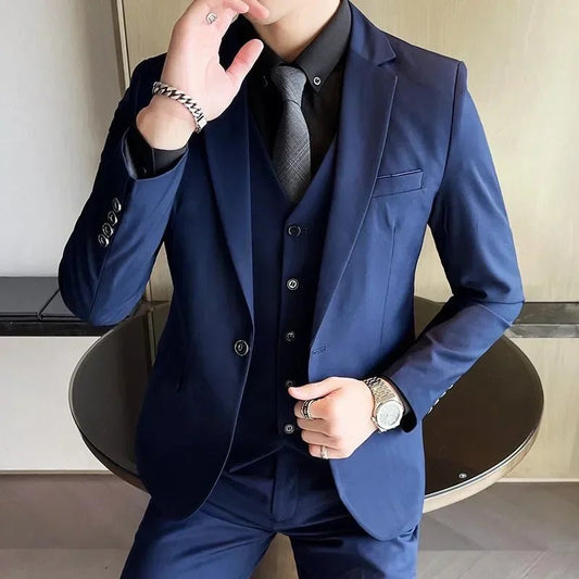Mandotos International men's formal dress suit with blazer, vest, and pants in S-9XL size, professional Korean-style business attire