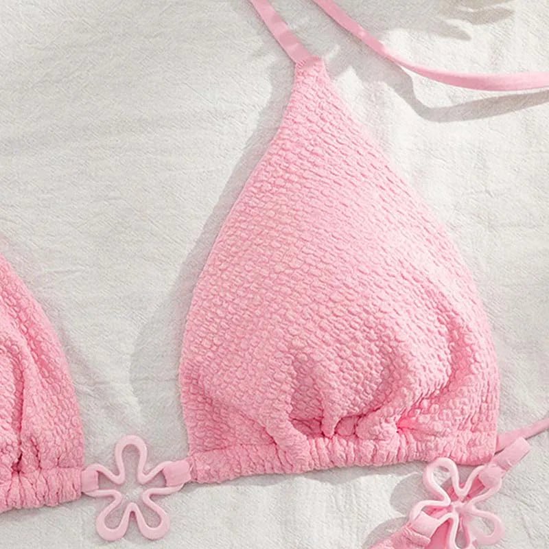Same-day Shipping Custom Sexy Solid Flower Special Fabric Push up Wrinkle Triangle Two Piece Bikini Women Halter Belt Swimwear - MANDOTOS INTERNATIONAL