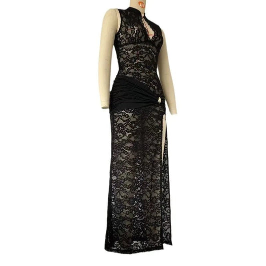 Mandotos International sexy lace long dress featuring sleeveless design, high slit, vintage bodycon style for evening parties and clubwear.