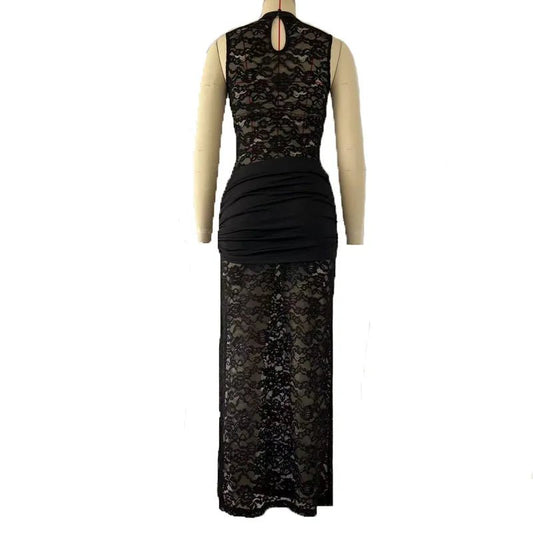 Mandotos International sexy lace long dress with sleeveless design, high slit, vintage bodycon style for evening parties and clubwear.