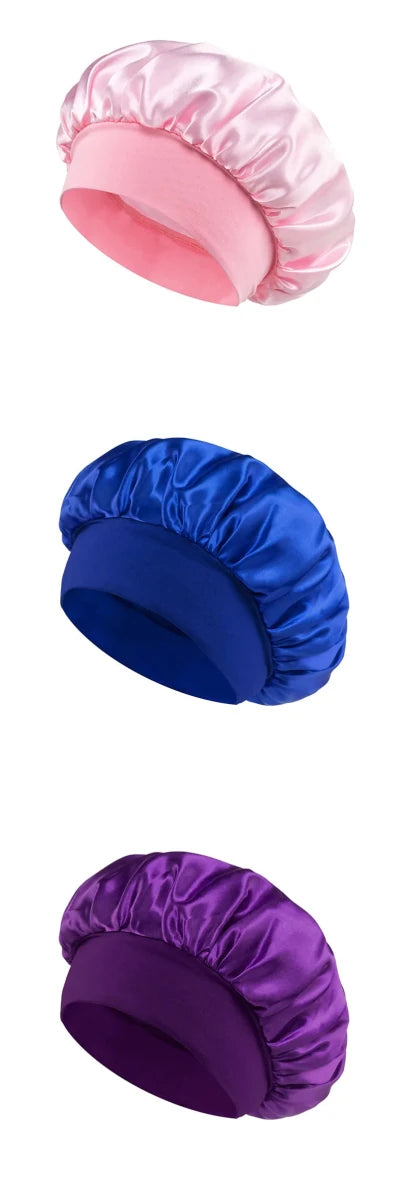 Silk wide-brimmed satin sleeping bonnet for women, designed to protect hair and reduce breakage during sleep.
