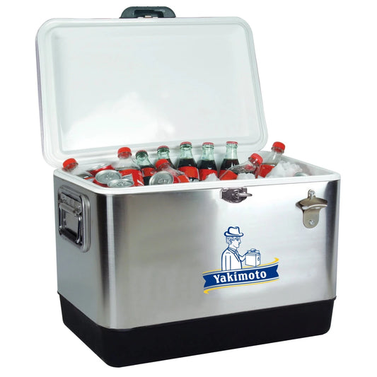Stainless steel cooler box by Mandotos International for travel, camping, and parties, featuring an ice bucket for cold drinks.