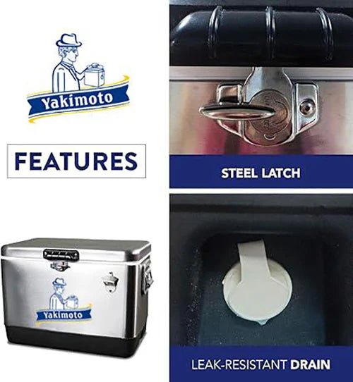 Mandotos International stainless steel cooler box for travel, camping, and parties, featuring a portable ice bucket design.