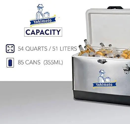 Mandotos International stainless steel cooler box for travel, camping, and parties, featuring a portable design and built-in ice bucket.