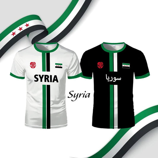 Syrian flag map print football T-shirt for men and kids by MANDOTOS INTERNATIONAL, summer casual top with vibrant flag design.