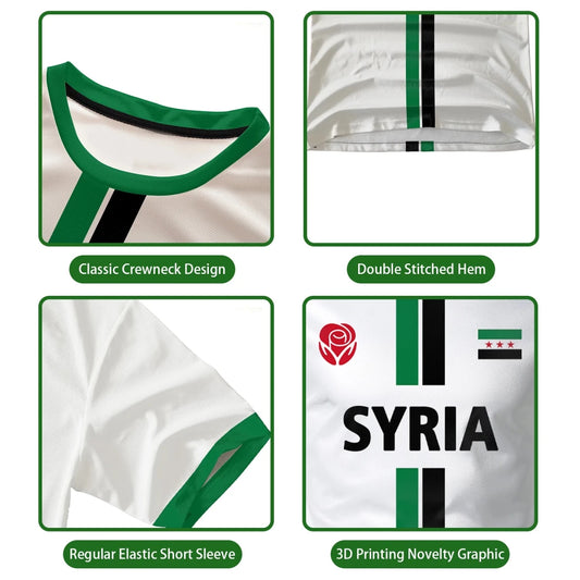 Syrian Flag map print football T-shirt for men and kids by MANDOTOS INTERNATIONAL, summer casual top with vibrant flag design.