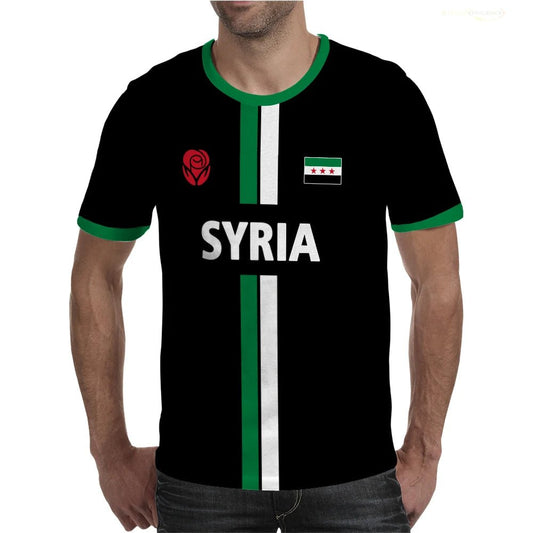 Syrian flag map print football T-shirt by MANDOTOS INTERNATIONAL for men and kids, summer casual top with vibrant flag design.