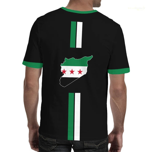 Syrian Flag Map Print Football T-Shirt by MANDOTOS INTERNATIONAL, men's and kids' summer top with vibrant Syrian flag design.