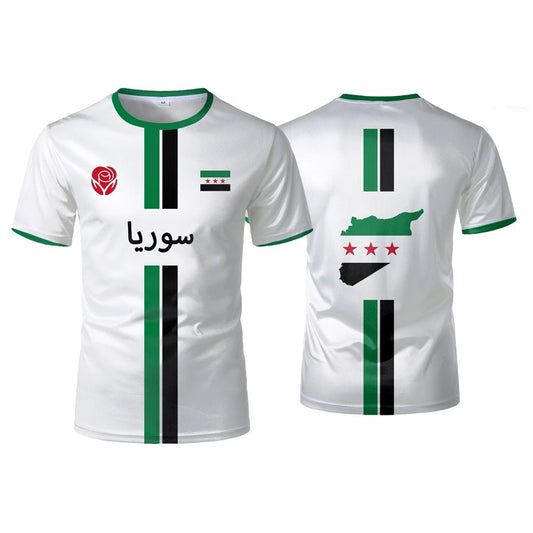 Syrian flag map print football T-shirt for men and kids, summer top by MANDOTOS INTERNATIONAL, featuring vibrant national flag design.