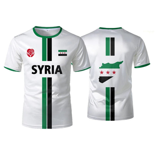Syrian Flag Map Print Football T-Shirt by MANDOTOS INTERNATIONAL, men's and kids' summer top with vibrant flag and map design.