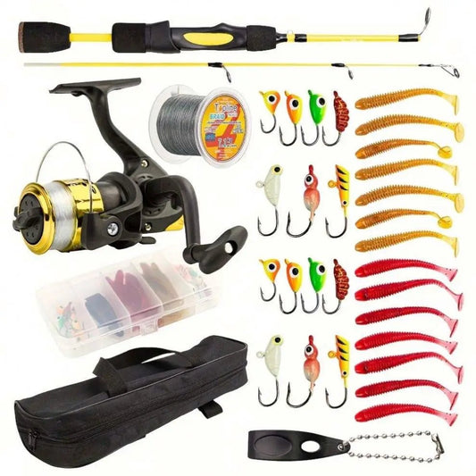 Mandotos International Topline Tackle travel fishing pole and ice fishing rod combo, compact and high quality for fishing trips.