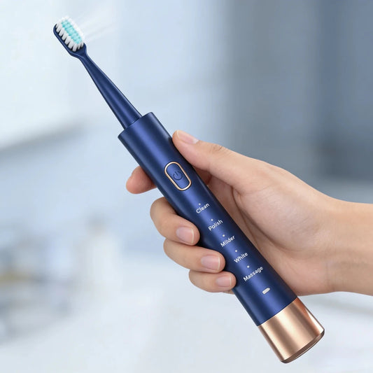 Mandotos International travel electric toothbrush set with sonic U-shaped rechargeable sanitizer and compact travel case.