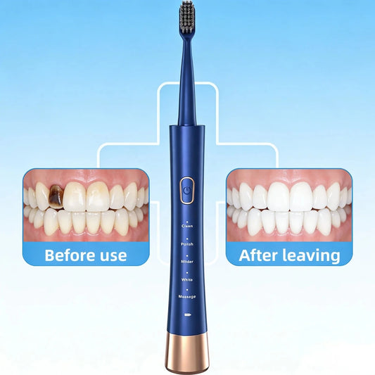 Mandotos International travel electric toothbrush set with sonic U-shaped rechargeable sanitizer on a white background.
