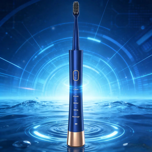 Mandotos International travel electric toothbrush set with sonic U-shaped rechargeable sanitizer, compact and portable dental care kit.